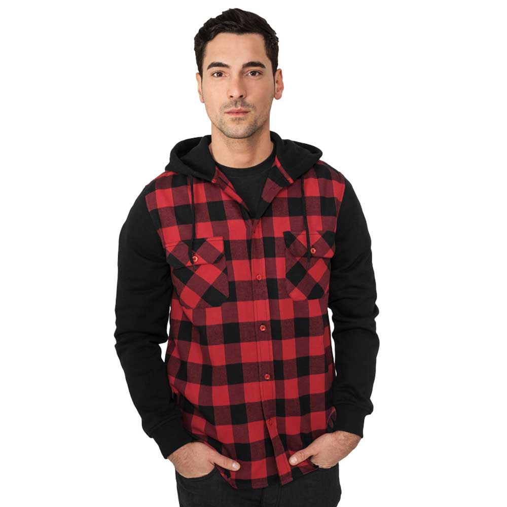 Urban Classics - Hooded Checked Flanell Sweat Sleeve Chemisier - Noir/Rouge